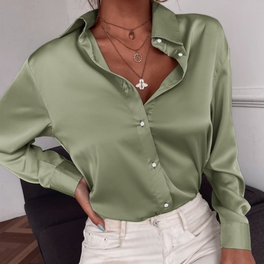 Satin mint Green silky button up Boyfriend Work - Picture 9 of 16